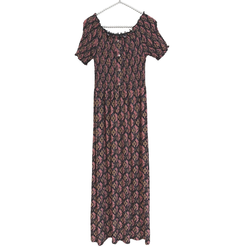 Seven Islands Boho Geometric Shimmer Smocked Maxi Dress Short Sleeve Glitter L